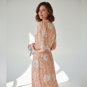 Peach Floral Long Sleeve Dress with White Accents